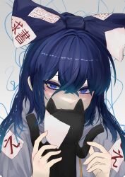  1girl absurdres blue_eyes blue_hair blush bow closed_mouth commentary_request debt grey_background hair_bow highres long_hair looking_at_viewer simple_background solo stuffed_animal stuffed_cat stuffed_toy tamateba_co touhou upper_body yorigami_shion 