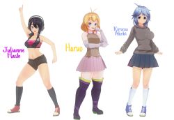  3d 3girls arm_up armpits black_hair blonde_hair blue_eyes blue_hair breasts closed_mouth custom_cast gloves highres huge_breasts jacket multiple_girls name_tag navel open_mouth original shoes thick_thighs thighs  rating:Sensitive score:2 user:BiggyWig