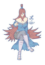  1girl artist_name bare_shoulders breasts brown_hair cleavage crossed_legs eyeshadow fishnets full_body green_eyes hair_over_one_eye highres le-avart long_hair looking_at_viewer makeup naruto_(series) naruto_shippuuden pointing sitting smile solo terumi_mei very_long_hair white_background  rating:Sensitive score:21 user:wweeeowww