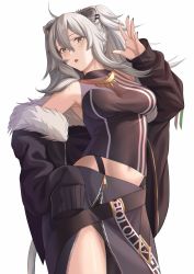  1girl absurdres ahoge animal_ears bare_shoulders belt black_nails blush breasts cleavage earrings fang fur-trimmed_jacket fur_trim grey_eyes grey_hair hair_between_eyes hand_up highres hololive huge_filesize jacket jewelry large_breasts lion_ears lion_girl long_hair looking_at_viewer midriff nail_polish necklace off_shoulder open_mouth raemn_(raemn2d) see-through see-through_cleavage shirt shishiro_botan shishiro_botan_(1st_costume) skirt solo thighs unzipped virtual_youtuber 