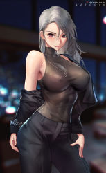 1girl arm_behind_back aztodio bare_shoulders black_jacket black_pants black_shirt unworn_blazer blush breasts brown_eyes closed_mouth covered_erect_nipples hair_behind_ear hair_between_eyes hand_on_own_hip highres jacket jewelry large_breasts long_hair looking_at_viewer necklace niijima_sae off_shoulder outdoors pants persona persona_5 see-through shiny_skin shirt silver_hair sleeveless sleeveless_shirt turtleneck rating:Questionable score:127 user:danbooru