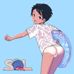 1girl :d aliasing ass black_hair blue_background blush bottomless bucket cleft_of_venus dark-skinned_female dark_skin fang female_focus from_behind hand_on_own_hip innertube leaning_forward logo loli looking_at_viewer looking_back lowres oekaki open_mouth original outstretched_arm pussy see-through shirt short_hair simple_background smile solo standing swim_ring tan tanline trowel uncensored unmaker wet wet_clothes wet_shirt rating:Explicit score:113 user:sytalidis