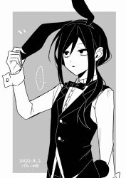  1boy alternate_costume animal_ears black_bow black_bowtie black_eyes black_hair black_vest bow bowtie buttons collared_shirt dated fake_animal_ears hair_between_eyes highres long_hair long_sleeves male_focus original orthodoxia_(vocaloid) parted_lips ponytail rabbit_ears roro_0818 shirt solo tadashi_kunai vest vocaloid 
