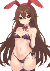  1girl amber_(genshin_impact) animal_ears arm_behind_back astroglia_cyte bare_arms bare_shoulders bikini black_bikini black_thighhighs bowtie breasts brown_eyes brown_hair cameltoe cleavage closed_mouth collar collarbone cowboy_shot crossed_bangs detached_collar embarrassed fake_animal_ears flipped_hair furrowed_brow genshin_impact gluteal_fold groin hair_between_eyes hair_flaps hairband hand_on_own_chest hand_up highleg highleg_bikini light_blush long_hair looking_at_viewer medium_breasts navel rabbit_ears red_bow red_bowtie red_hairband side-tie_bikini_bottom solo standing stomach strapless strapless_bikini swimsuit thigh_gap thighhighs very_long_hair wavy_mouth white_collar  rating:Sensitive score:9 user:Sir_Cumalot