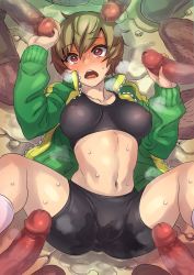  1girl 5boys atlus bike_shorts blush breasts breasts_apart breath brown_hair cameltoe censored cleft_of_venus covered_erect_nipples double_handjob drooling erection fat_mons full-face_blush green_jacket group_sex handjob hetero imminent_penetration imminent_rape jacket large_breasts large_penis long_sleeves lying midriff mimonel mosaic_censoring multiple_boys multiple_penises on_back open_clothes open_jacket penis persona persona_4 pussy_juice pussy_juice_drip_through_clothes pussy_juice_puddle pussy_juice_stain red_eyes satonaka_chie sega short_hair shorts skin_tight solo_focus sports_bra spread_legs sweat track_jacket wet wet_clothes  rating:Explicit score:314 user:danbooru