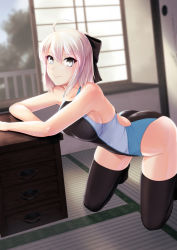 1girl ahoge arm_rest backless_outfit backless_swimsuit black_bow black_thighhighs blonde_hair blurry bow breasts closed_eyes closed_mouth commentary_request competition_swimsuit day depth_of_field fate_(series) hair_between_eyes hair_bow hassen_(8cm) indoors kneeling leaning_forward looking_at_viewer medium_breasts okita_souji_(fate) okita_souji_(koha-ace) one-piece_swimsuit shelf short_hair smile solo swimsuit thighhighs tree yellow_eyes rating:Sensitive score:33 user:danbooru