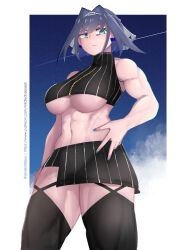  abs anxientdesu black_thighhighs blue_eyes blue_hair bow bow_earrings breasts chain collarbone cowboy_shot dark_blue_hair earrings garter_straps hair_intakes hand_on_own_hip highres hololive hololive_english jewelry large_breasts looking_at_viewer medium_hair micro_shorts midriff muscular muscular_arms muscular_female muscular_legs nail_polish naval navel night night_sky ouro_kronii shorts shorts_under_skirt side_slit skirt sky sleeveless sleeveless_turtleneck_crop_top solo standing thick_thighs thighhighs thighs toned_belly toned_female underboob virtual_youtuber  rating:Sensitive score:27 user:boopbop22