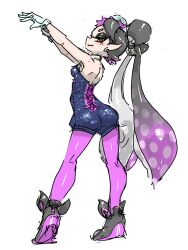  1girl ankle_boots bare_shoulders blue_jumpsuit boots bow-shaped_hair breasts callie_(splatoon) closed_mouth cross-shaped_pupils detached_collar earrings fang fang_out food food_on_head full_body gloves grey_footwear grey_hair highres inkling jewelry jumpsuit koharu2.5 long_hair mole mole_under_eye nintendo object_on_head outstretched_arms pantyhose pink_pantyhose pointy_ears purple_hair red_pupils short_jumpsuit simple_background small_breasts smile solo splatoon_(series) splatoon_1 symbol-shaped_pupils tentacle_hair tiptoes very_long_hair white_background white_gloves yellow_eyes 