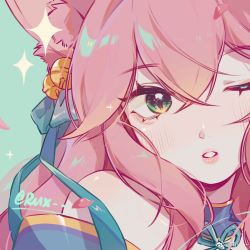  1girl absurdres ahri_(league_of_legends) bare_shoulders bell blush bow crossed_bangs green_background green_bow green_eyes hair_bell hair_between_eyes hair_bow hair_ornament highres league_of_legends long_hair one_eye_closed parted_lips pink_hair ruan_chen_yue shiny_skin signature spirit_blossom_ahri teeth  rating:General score:17 user:danbooru
