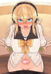 1girl antenna_hair arm_support beads blonde_hair blue_eyes blush breasts cleavage clothed_sex collarbone cum cum_in_pussy day desk green_eyes hair_beads hair_between_eyes hair_ornament headphones highres indoors large_breasts long_hair long_sleeves looking_at_viewer navel null_(nyanpyoun) penis sailor_collar school_uniform sex solo_focus sweat tsurumaki_maki voiceroid wooden_floor x-ray rating:Explicit score:106 user:danbooru