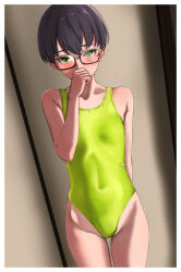  1girl arm_behind_back black_hair breasts competition_swimsuit covered_navel covering_own_mouth glasses green_eyes green_one-piece_swimsuit highres looking_at_viewer mutsumura_ryuuichi one-piece_swimsuit original short_hair small_breasts solo swimsuit  rating:Sensitive score:15 user:danbooru
