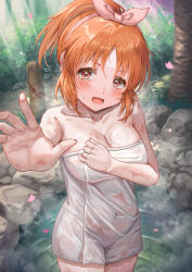  1girl abe_nana absurdres blush breasts cherry_blossoms cleavage collarbone commentary_request covered_navel falling_petals flying_sweatdrops highres idolmaster idolmaster_cinderella_girls large_breasts long_hair looking_at_viewer naked_towel onsen orange_hair outdoors petals ponytail reaching reaching_towards_viewer rock solo standing towel wari_sando wet_towel white_towel 