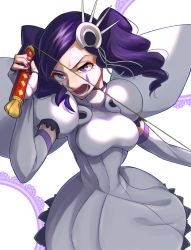  1girl angry arrancar bleach breasts cirucci_sanderwicci dress elbow_gloves fake_wings fingerless_gloves gloves hair_ornament holding holding_whip medium_breasts nail_polish open_mouth puffy_short_sleeves puffy_sleeves purple_eyes purple_hair purple_nails short_hair short_sleeves short_twintails shouting solo soraao0322 teardrop_facial_mark twintails whip white_background white_dress white_gloves wings 