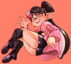  +_+ 1girl alternate_costume ass bike_shorts black_bra black_footwear black_hair blush boots bra breasts callie_(splatoon) coat domino_mask fang female_focus from_behind full_body fur-trimmed_coat fur_collar fur_trim hand_up happy inkling jaggy_lines knee_boots light_blush long_hair long_sleeves looking_at_viewer looking_back lying mask medium_breasts mole mole_under_eye nintendo object_on_head on_side open_mouth pink_coat pointy_ears red_background shiny_clothes shiny_skin simple_background smile solo splatoon_(series) teeth tentacle_hair tentacles twintails underwear wamudraws waving yellow_eyes  rating:Sensitive score:204 user:AngryZapdos