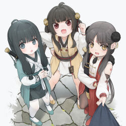  3girls :d :o absurdres bell black_hair blue_footwear brown_eyes brown_pantyhose chinese_clothes clenched_hand commentary_request grey_background grey_eyes hair_bell hair_ornament hand_on_own_hip hand_up highres japanese_clothes jingle_bell kimono long_hair long_sleeves looking_at_viewer multiple_girls obi open_mouth original own_hands_together pantyhose puffy_long_sleeves puffy_sleeves red_footwear sash shoes short_eyebrows sidelocks simple_background smile standing thick_eyebrows v-shaped_eyebrows very_long_hair white_kimono white_pantyhose white_ph 