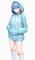  1girl absurdres alternate_costume blue_eyes blue_hair blue_hoodie boots character_name closed_mouth clothes_writing drawstring feet_out_of_frame hair_between_eyes hands_in_pocket highres hololive hood hood_up hoodie hoshimachi_suisei knee_boots laimer light_blush long_sleeves looking_at_viewer puffy_long_sleeves puffy_sleeves simple_background smile solo standing star_(symbol) star_in_eye symbol_in_eye virtual_youtuber white_background white_footwear 