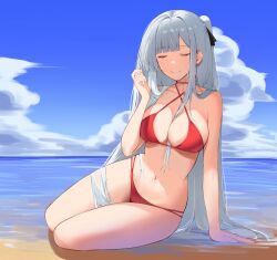  1girl ak-12_(girls&#039;_frontline) alternate_costume arm_support beach bikini black_ribbon blue_sky breasts cleavage closed_eyes closed_mouth cloud cloudy_sky full_body girls&#039;_frontline hair_between_breasts hair_ribbon highres long_hair multi-strapped_bikini_bottom navel one_side_up red_bikini ribbon sand sitting sky smile solo stomach string_bikini swimsuit talnory water white_hair 