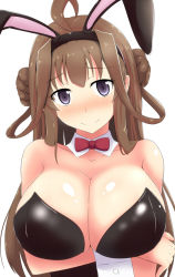  10s 1girl ahoge animal_ears bare_shoulders blush bow bowtie breast_hold breasts brown_hair rabbit_ears cleavage detached_collar double_bun fake_animal_ears hair_rings huge_breasts kantai_collection kongou_(kancolle) large_breasts leotard long_hair looking_at_viewer playboy_bunny purple_eyes shigure_ryuunosuke smile solo upper_body white_background wrist_cuffs  rating:Questionable score:35 user:danbooru