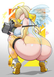  1girl ahoge angel_wings ass bayeuxman blonde_hair breasts curvy elegg_(nikke) feathered_wings from_behind goddess_of_victory:_nikke hair_intakes hair_over_eyes halo highres holding holding_weapon huge_ass large_breasts leotard long_bangs long_sleeves multicolored_hair navel shiny_skin shoes short_hair sneakers solo squatting tagme thigh_strap thighhighs thighs tiptoes torn_clothes torn_thighhighs two-tone_hair weapon white_leotard white_wings wide_hips wings yellow_thighhighs  rating:Sensitive score:35 user:anon-sama3