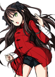  1girl absurdres ahoge arima_miyako black_bow black_hair black_shorts bow green_eyes hair_bow highres jacket l-trap long_hair long_sleeves melty_blood open_mouth red_jacket short_shorts shorts simple_background sketch solo standing tsukihime very_long_hair white_background wide_sleeves 