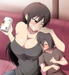  1boy 1girl age_difference breast_smother breasts face_to_breasts highres large_breasts looking_at_another onee-shota original shota smile yoakedan  rating:Questionable score:118 user:Manwe