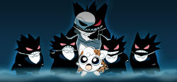  black_jacket blue_background bow bowtie bright_pupils colored_sclera commentary creatures_(company) english_commentary evil_grin evil_smile game_freak gen_1_pokemon gengar gh_(ront) grin jacket jigglypuff mask music nintendo no_humans open_mouth parody phantom_of_the_opera pokemon pokemon_(creature) red_sclera sharp_teeth singing smile tailcoat teeth white_bow white_bowtie white_pupils wig 