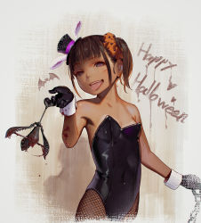  1girl animal_ears bat_(animal) black_gloves black_hat blood blunt_bangs blush breasts cowboy_shot facing_viewer fake_animal_ears flat_chest gloves halloween happy_halloween hat highres leotard loli looking_at_viewer mini_hat mini_top_hat muk_(monsieur) pantyhose pear_of_anguish rabbit_ears side_ponytail small_breasts solo standing strapless strapless_leotard tagme tongue tongue_out top_hat torture_instruments wrist_cuffs 
