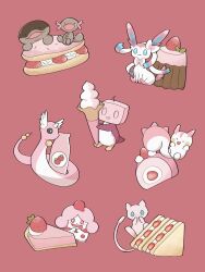  :3 :d ^_^ alternate_color arms_up black_eyes blue_eyes bottle bright_pupils cake cake_slice clodsire closed_eyes creatures_(company) dragonair eiscue eiscue_(ice) evolutionary_line fangs food food_request fruit fruit_sandwich game_freak gen_1_pokemon gen_4_pokemon gen_6_pokemon gen_8_pokemon happy highres holding holding_food holding_ice_cream horns ice_cream ice_cream_cone legendary_pokemon looking_at_viewer mew_(pokemon) milk_bottle mythical_pokemon nintendo no_humans open_mouth pachirisu paldean_wooper pink_background pokemon pokemon_(creature) red_eyes shiny_pokemon simple_background single_horn sitting slurpuff smile soft_serve solid_circle_eyes strawberry strawberry_milk strawberry_slice sumi_fms swiss_roll sylveon tongue tongue_out white_pupils 