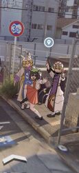  3girls a-pose animal_ears arms_up black_footwear blonde_hair blue_tabard brown_hair cat_ears cat_tail chain-link_fence chen closed_eyes closed_mouth dress earrings fang fence fox_ears fox_tail full_body gap_(touhou) google_street_view hair_ribbon hat high_school_girls_posing_for_google_street_view_(meme) highres jewelry kitsune leg_up light_smile looking_at_viewer medium_hair meme mob_cap multiple_girls no_pupils onionmay open_mouth outstretched_arm photo_background pleated_skirt purple_eyes purple_tabard raised_curb red_skirt red_vest ribbon road_sign shirt sidelocks sign single_earring skin_fang skirt smile socks standing standing_on_one_leg tabard tactile_paving tail touhou vest white_dress white_hat white_shirt white_socks yakumo_ran yakumo_yukari 