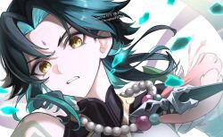  1boy aqua_hair arm_tattoo artist_name bare_shoulders bead_necklace beads clenched_teeth commentary_request detached_sleeves diamond-shaped_pupils diamond_(shape) eyeshadow facial_mark fang floating_hair forehead_mark genshin_impact green_hair highres jewelry looking_at_viewer makeup male_focus multicolored_hair necklace okkobc parted_bangs red_eyeshadow serious shirt short_hair shoulder_spikes sidelocks simple_background single_detached_sleeve sleeveless sleeveless_shirt solo spikes symbol-shaped_pupils tassel tattoo teeth upper_body v-shaped_eyebrows watermark white_background white_shirt xiao_(genshin_impact) yellow_eyes 