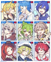  1girl 6+boys animal_hat aqua_background aqua_eyes arm_up bandage_over_one_eye bandaid bandaid_on_face bandaid_on_nose bell bird bird_on_hand black_eyes black_headphones black_hood black_hoodie black_sailor_collar black_sleeves black_veil blonde_hair blue_background blue_eyes blue_hair blue_hoodie blue_necktie blue_sailor_collar blue_scarf blue_shirt braid bright_pupils brown_hair character_name character_request child choker clenched_hand closed_mouth collarbone collared_shirt creature_and_personification crossed_bandaids earmuffs food french_braid from_side fukase green_background green_hair grey_background grey_hair grey_shirt grin hair_behind_ear hair_bell hair_between_eyes hair_ornament hand_up haru1suama hat headset holding holding_food holding_popsicle hood hood_down hoodie index_finger_raised iori_yuzuru james_(vocaloid) kagamine_len kaito_(vocaloid) light_brown_hair long_hair long_sleeves looking_at_viewer matsudappoiyo messy_hair mini_hat mini_top_hat mismatched_pupils mixed-language_text multicolored_hair multiple_boys musical_note nail_polish namine_ritsu neck_ribbon necktie oliver_(vocaloid) one_eye_closed open_mouth pink_ribbon point_(vocaloid) pointing pointing_at_self ponytail popsicle purple_background purple_choker purple_hat red_background red_eyes red_hair red_nails ribbon sailor_collar sailor_hat scarf shirt short_hair short_ponytail short_sleeves single_braid smile spiked_hair suspenders teeth tongue tongue_out top_hat trap turtleneck two-tone_hair two-tone_hoodie uneven_eyes upper_body upper_teeth_only utau v-shaped_eyebrows veil vocaloid voiceroid voicevox white_hair white_headphones white_pupils white_shirt window_(computing) yellow_background yellow_eyes yellow_trim zundamon 