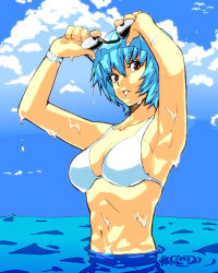 1girl adjusting_goggles armpits arms_up ayanami_rei bikini blue_hair breasts cleavage cloud day goggles goggles_on_head looking_at_viewer medium_breasts navel neon_genesis_evangelion ocean outdoors parted_lips red_eyes short_hair sky solo swimsuit upper_body velzhe wading water wet white_bikini rating:Sensitive score:64 user:danbooru