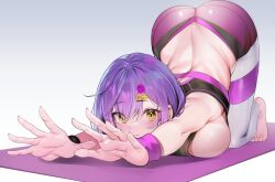  1girl absurdres ass bare_shoulders blush breasts butt_crack commentary_request highres large_breasts looking_at_viewer original purple_hair short_hair sideboob solo stretching teddy_(khanshin) top-down_bottom-up yellow_eyes  rating:Sensitive score:27 user:danbooru