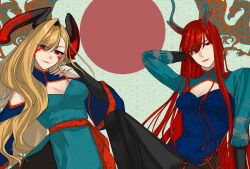  2girls absurdres black_horns blonde_hair breasts china_dress chinese_clothes cleavage_cutout clothing_cutout dragon_horns dragon_print dress facial_mark fate/grand_order fate_(series) hair_over_one_eye highres hiyoko_no_tamago horns large_breasts long_hair long_horns looking_at_viewer multiple_girls nero_claudius_(fate) nero_claudius_(fate)_(all) oda_nobunaga_(fate) oda_nobunaga_(maou_avenger)_(fate) print_dress queen_draco_(fate) queen_draco_(third_ascension)_(fate) red_eyes red_hair red_scales scales smile very_long_hair wavy_hair 