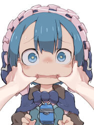  1boy 1other blue_bow blue_bowtie blue_capelet blue_corset blue_eyes blue_hair blush bow bowtie capelet corset hands_up highres looking_at_viewer made_in_abyss maid maid_headdress maruruk meme mouth_pull nose_blush open_mouth pov pov_hands simple_background small_sweatdrop solo_focus sweat trap wavy_mouth whistle white_background wide-eyed ximu_shilang yellow_pupils 