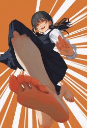  1girl :d barefoot black_hair chainsaw_man chinese_commentary foot_focus long_hair looking_at_viewer open_mouth orange_eyes ponytail scar scar_on_face school_uniform smile solo teeth yao_liao_wang yoru_(chainsaw_man) 