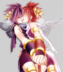  2boys angel_wings ass bike_shorts black_hair blue_background brown_hair closed_eyes dark_pit grey_background head_wreath holding_hands kid_icarus kid_icarus_uprising kiricloud kiss male_focus multiple_boys nintendo pit_(kid_icarus) red_eyes shota simple_background tears tongue tongue_out wings yaoi  rating:Questionable score:39 user:harucho