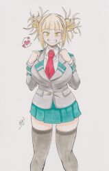  @gi absurdres blazer blonde_hair blush boku_no_hero_academia breasts heart highres jacket large_breasts school_uniform skirt spoken_heart thick_thighs thighs toga_himiko wide_hips  rating:General score:11 user:Soggyman139
