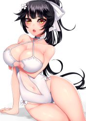 1girl arm_support azur_lane black_hair breasts brown_eyes collarbone curvy female_focus flower hair_flaps hair_ornament hair_ribbon halterneck highres kurenai_jake large_breasts long_hair lying navel on_side one-piece_swimsuit open_mouth ponytail ribbon see-through simple_background sitting solo swimsuit takao_(azur_lane) takao_(beach_rhapsody)_(azur_lane) thigh_gap thighs very_long_hair white_background white_one-piece_swimsuit 