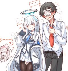  ... 1boy 2girls ? ?? absurdres adjusting_clothes adjusting_necktie although_she_hurriedly_put_on_clothes_(meme) belt black_belt black_hair black_pantyhose blue_archive blue_necktie blush breasts closed_eyes clothed_after_sex collared_shirt doodle_sensei_(blue_archive) english_text fang halo highres implied_after_sex jacket koyuki_(blue_archive) large_breasts lipstick_mark lipstick_mark_on_face lipstick_mark_on_neck long_hair meme multiple_girls musical_note necktie noa_(blue_archive) off_shoulder pantyhose peroronti pleated_skirt red_necktie sensei_(blue_archive) shirt shirt_partially_tucked_in short_hair skin_fang skirt spoken_ellipsis spoken_musical_note star-shaped_pupils star_(symbol) sweat symbol-shaped_pupils torn_clothes torn_pantyhose twintails very_long_hair white_hair white_jacket white_shirt white_skirt 