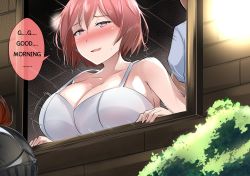 10s 1girl armor bare_shoulders blush breast_rest breasts brick_wall bush cleavage collarbone cow_girl_(goblin_slayer!) goblin_slayer goblin_slayer! half-closed_eyes helmet implied_sex large_breasts meow7tail open_mouth open_window pink_eyes pink_hair short_hair solo solo_focus sweatdrop window rating:Sensitive score:217 user:danbooru