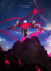  1boy armor blue_sky cloak cloud cloudy_sky copyright_name english_text fate/apocrypha fate/grand_order fate_(series) floating greaves highres holding holding_polearm holding_weapon karna_(fate) male_focus mountain otsumami_(bu-bu-heaven) outdoors polearm red_cloak sky solo spear spikes standing torn torn_cloak torn_clothes vambraces vasavi_shakti_(fate) weapon white_hair  rating:General score:2 user:danbooru