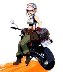  1girl bag bare_arms bare_shoulders baseball_cap belt boots breasts brown_eyes cleavage crop_top goggles hat license_plate light_brown_hair midriff motor_vehicle motorcycle navel okina open_mouth open_pants original pants simple_background sitting sleeveless solo suspenders tank_top vehicle 