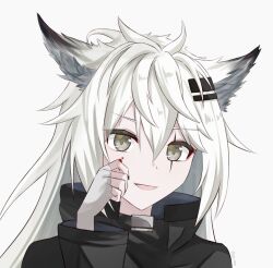  1girl :d animal_ears arknights black_coat black_nails blood blood_on_face coat fingerless_gloves gloves green_eyes hair_between_eyes hair_ornament hairclip hand_up happy lappland_(arknights) looking_at_viewer messy_hair nail_polish nemesis_gx open_mouth portrait scar scar_across_eye smile solo upper_body white_gloves white_hair wiping_blood wiping_face wolf_ears wolf_girl 