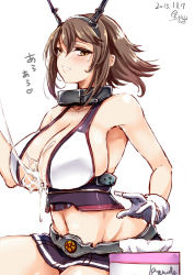 10s 1girl 2015 after_paizuri armpits bad_id bad_twitter_id bare_shoulders blush breasts brown_eyes brown_hair cleavage cum cum_string dated gloves huge_breasts kantai_collection kurokawa_otogi looking_at_viewer midriff miniskirt mutsu_(kancolle) navel otogi_(s_in_w) parted_lips short_hair sideboob signature skirt solo text_focus tissue tissue_box translated white_gloves rating:Explicit score:34 user:danbooru