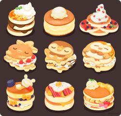 animal-themed_food apple bacon banana banana_slice black_background blueberry bow butter character_request cheese chocolate_syrup commentary_request creatures_(company) fate/grand_order fate_(series) food food_focus fried_egg fruit game_freak gen_3_pokemon gen_4_pokemon gen_7_pokemon ice_cream nintendo no_humans pancake pancake_stack pepper_(spice) pineapple pineapple_slice pink_bow piplup pokemon raspberry rizu_(rizunm) rowlet shadow simple_background sprinkles strawberry strawberry_slice syrup torchic whipped_cream yellow_bow