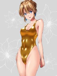 1990s_(style) 1girl agent_aika aika_(series) bare_shoulders blue_eyes breasts brown_hair cleavage covered_navel cowboy_shot earrings hand_on_own_hip highleg highleg_swimsuit jewelry looking_at_viewer one-piece_swimsuit open_mouth retro_artstyle sen_(sansui) shiny_clothes short_hair solo standing sumeragi_aika swimsuit white_background yellow_one-piece_swimsuit rating:Sensitive score:72 user:danbooru