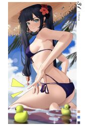  1girl absurdres ass bare_arms bare_shoulders barefoot bikini black_hair blue_sky border breasts butt_crack character_name cloud commentary day flower genshin_impact green_eyes haerge hair_flower hair_ornament halterneck hat highres legs long_hair looking_at_viewer medium_breasts mona_(genshin_impact) outdoors page_number purple_bikini red_flower rubber_duck seiza side-tie_bikini_bottom sitting sky soles solo straw_hat string_bikini sun_hat swimsuit thighs twintails very_long_hair white_border 