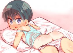 1girl androgynous ass black_hair blue_eyes butt_crack fang female_focus flat_chest hugging_object loli looking_back lying on_stomach one-piece_tan open_mouth original panties panty_pull pillow pillow_hug shimo-san shiny_skin short_eyebrows short_hair solo tan tanline thick_eyebrows tomboy underwear rating:Explicit score:184 user:Dweenie