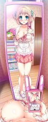 1girl :&lt; absurdres akaza animal_slippers bare_legs bare_shoulders blonde_hair blouse blue_eyes blunt_bangs blush book bookshelf bow bowtie bra bra_pull bra_strap breasts bunny_slippers buttons camera_phone carpet cellphone change!_ano_ko_ni_natte_kunkun_peropero change!_ano_musume_ni_natte_kunkun_peropero chestnut_mouth cleavage clothes_pull door downblouse eyebrows eyepatch female_pov fingernails full_body gender_request genderswap hair_ornament hair_scrunchie highres holding holding_phone indoors kinumura_ui large_breasts legs_together long_fingernails long_sleeves looking_at_viewer may-be_soft miniskirt mirror nipples no_socks nose_blush off_shoulder one_breast_out open_mouth phone pink_bra pink_skirt pleated_skirt polka_dot pov pov_breasts puffy_nipples red_bow red_bowtie reflection rug scrunchie selfie shiny_skin shirt shirt_pull short_hair skirt slippers smartphone_case smiley_face solo standing strap_gap strap_slip stuffed_animal stuffed_toy thigh_gap two_side_up underwear undressing unmoving_pattern viewfinder wallpaper_(object) white_shirt wooden_floor |_| rating:Questionable score:313 user:danbooru